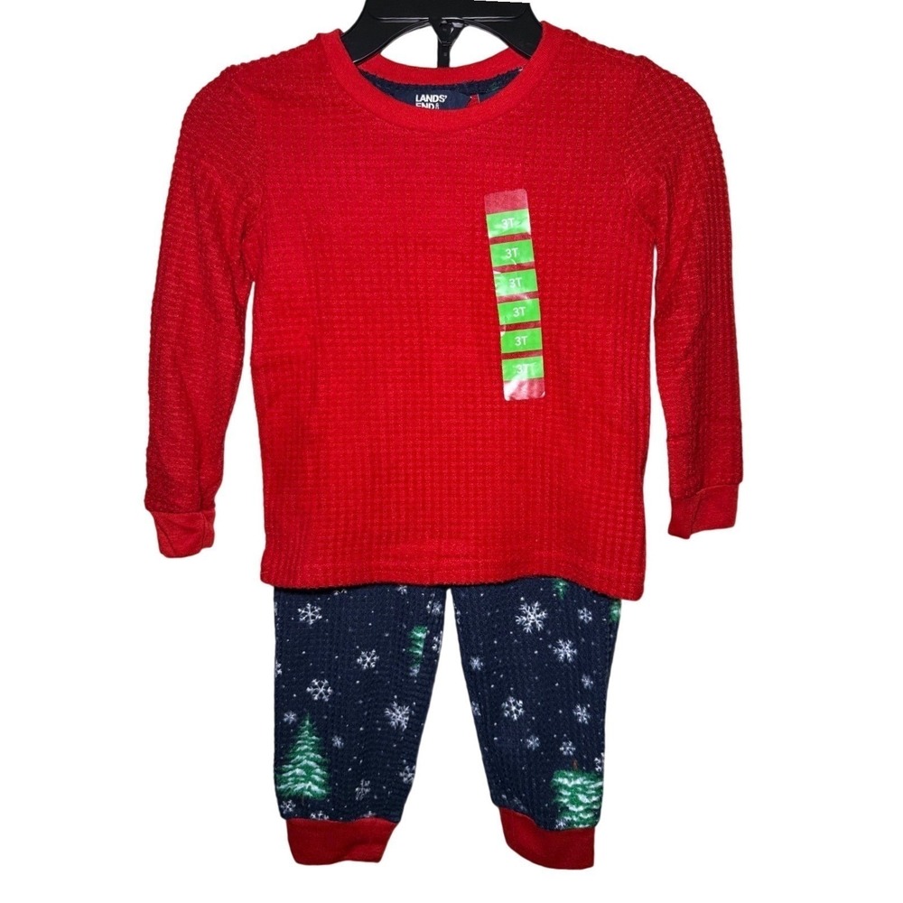 Lands End Waffle Knit Pajama Set Kids 3T Red Christmas Trees Snowflakes NWT